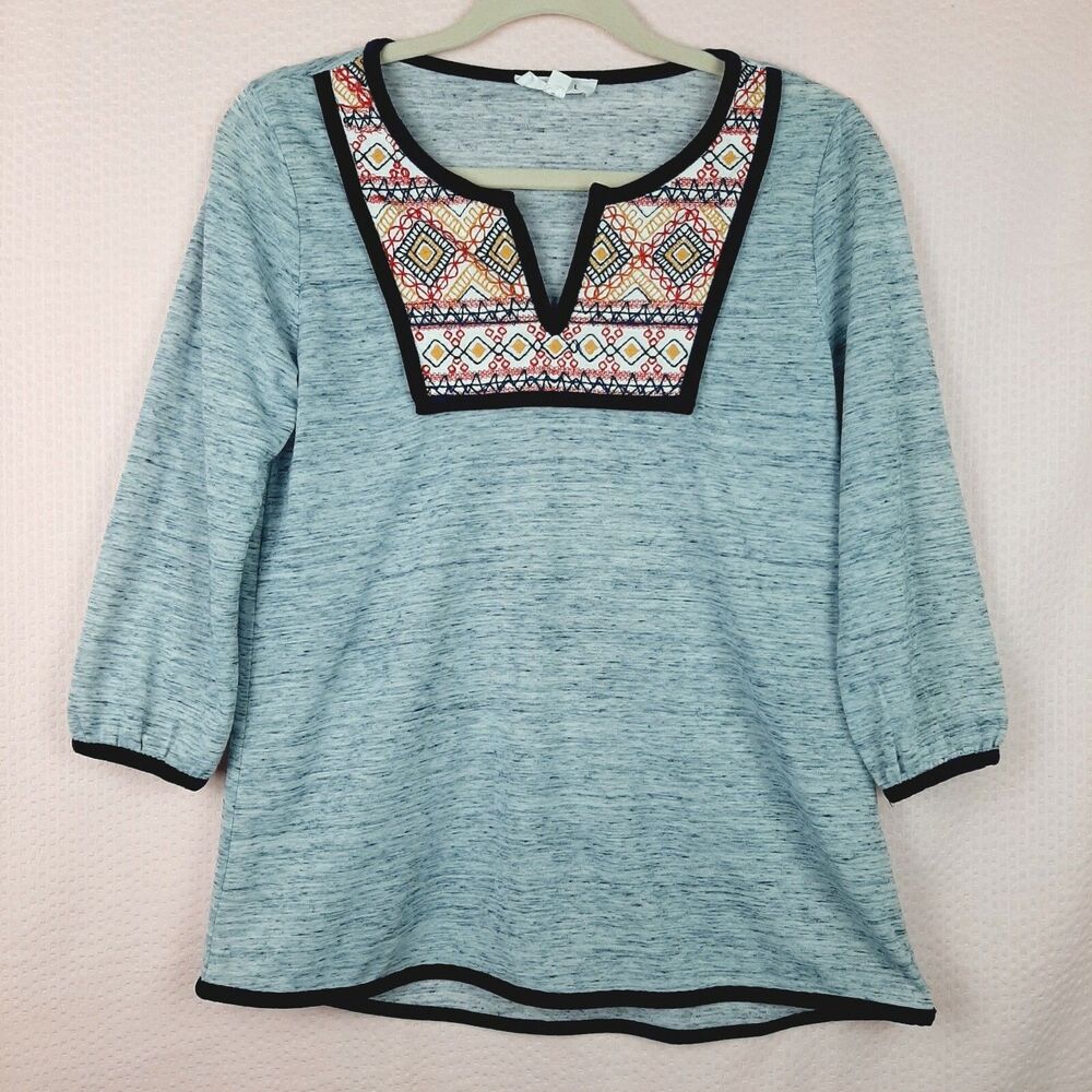 THML Womens Pullover 3/4 Sleeve Everyday Embroidered Top Soft Trim Size S